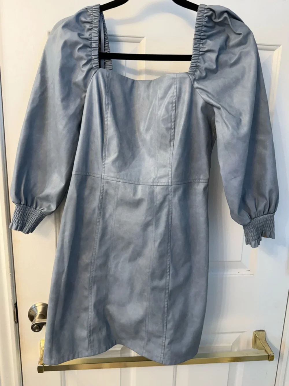 7 For All Mankind Faux Leather Light Blue Puff-Sleeve Mini Dress - Picture 1 of 2